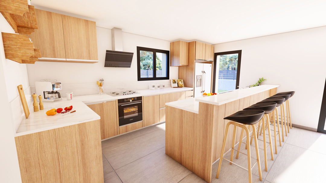 Aménagement intérieur d'une maison. Cuisine aménagée en images de synthèse et réalisation de la décoration.