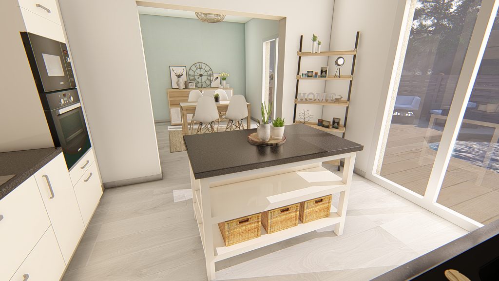 Aménagement intérieur d'une maison. Cuisine aménagée en images de synthèse et réalisation de la décoration.