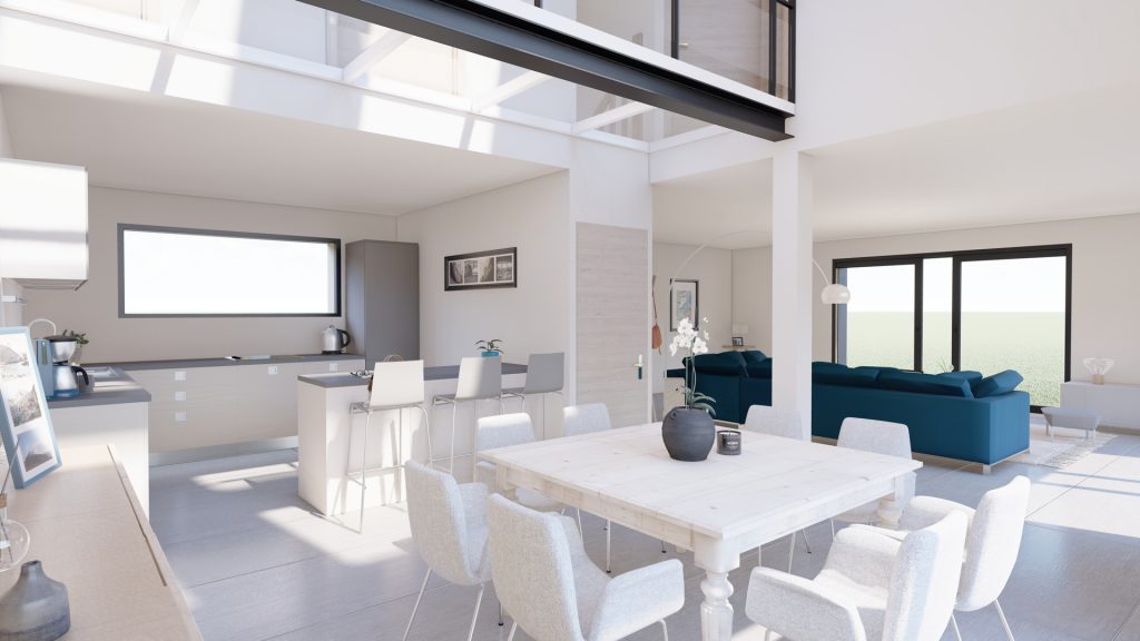 Aménagement intérieur d'une maison. Séjour aménagé en images de synthèse et réalisation de la décoration.