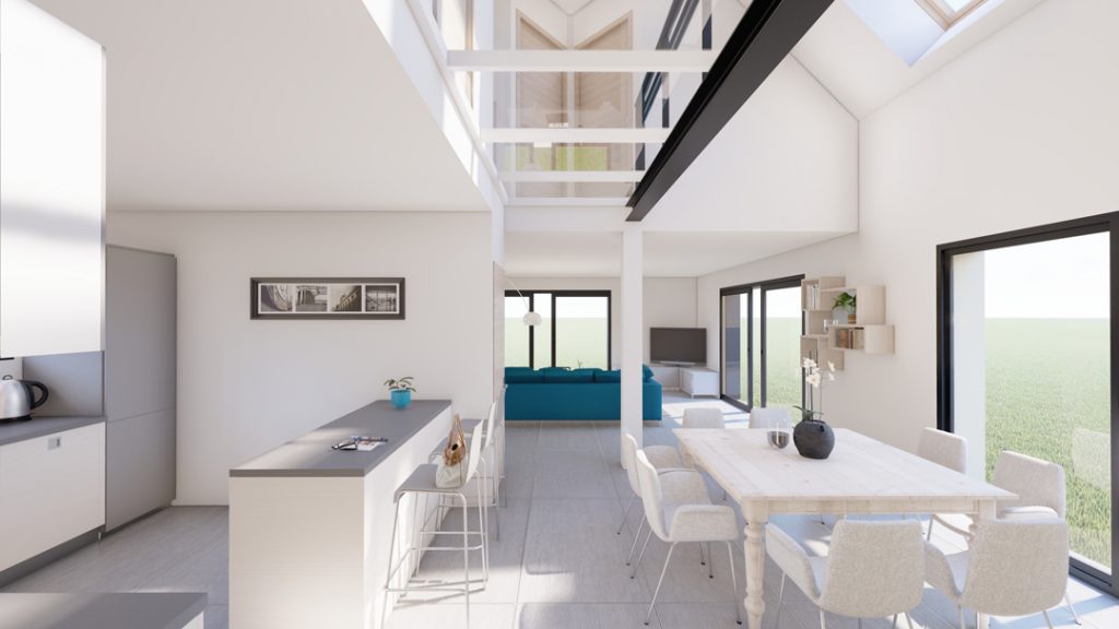 Aménagement intérieur d'une maison. Séjour et cuisine aménagé en images de synthèse et réalisation de la décoration.