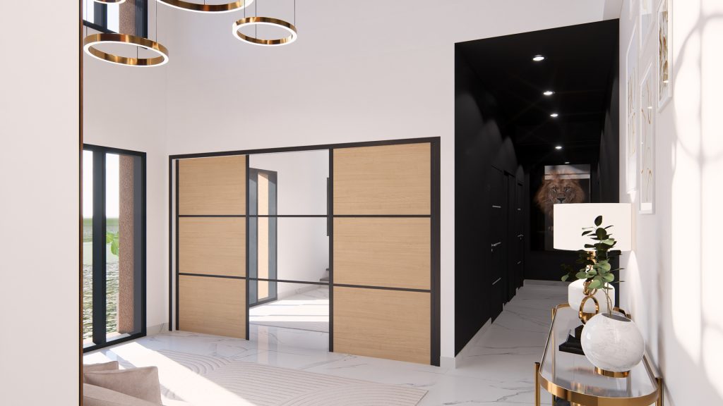 Aménagement intérieur d'une maison. Entrée aménagée en images de synthèse et réalisation de la décoration.