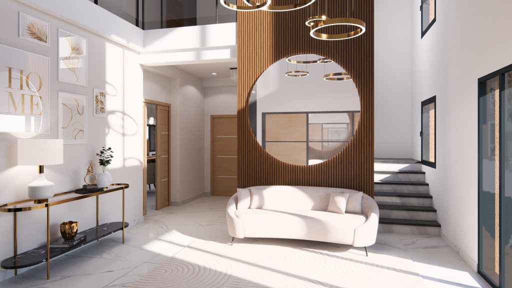 Aménagement intérieur d'une maison. Entrée aménagé en images de synthèse et réalisation de la décoration.