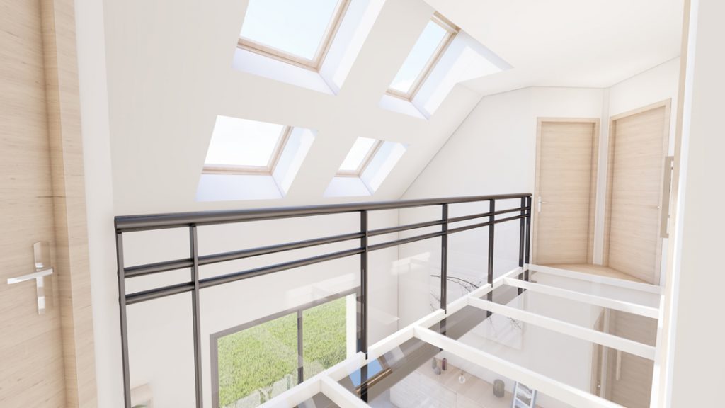 Aménagement intérieur d'une maison. Passerelle modélisée et incorporée en images de synthèse.
