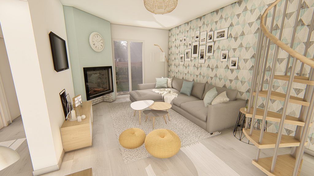 Aménagement intérieur d'une maison. Salon aménagé en images de synthèse et réalisation de la décoration.