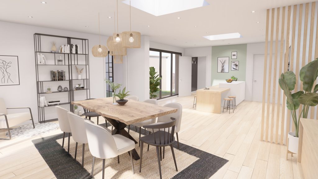 Aménagement intérieur d'une maison. Salle à manger aménagée en images de synthèse et réalisation de la décoration.