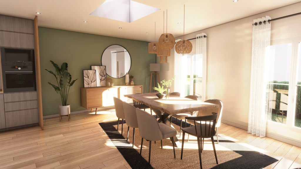 Aménagement intérieur d'une maison. Salle à manger aménagée en images de synthèse et réalisation de la décoration.