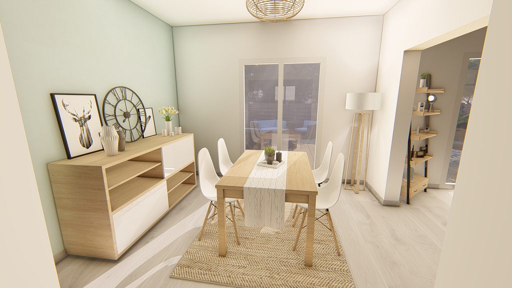 Aménagement intérieur d'une maison. Salle à manger aménagée en images de synthèse et réalisation de la décoration.