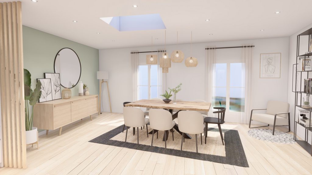 Aménagement intérieur d'une maison. Salle à manger aménagée en images de synthèse et réalisation de la décoration.
