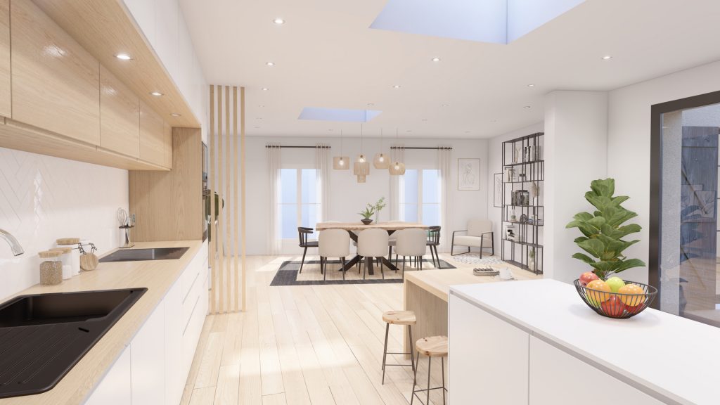 Aménagement intérieur d'une maison. Salle à manger aménagée en images de synthèse et réalisation de la décoration.