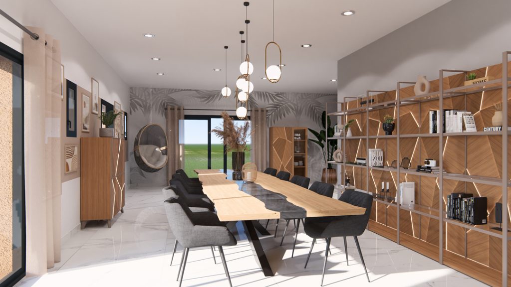 Aménagement intérieur d'une maison. Salle à manger aménagée en images de synthèse et réalisation de la décoration.