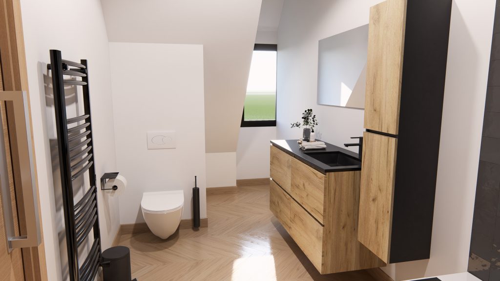 Aménagement intérieur d'une maison. Salle de bain aménagée en images de synthèse et réalisation de la décoration.