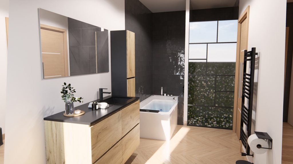 Aménagement intérieur d'une maison. Salle de bain aménagée en images de synthèse et réalisation de la décoration.