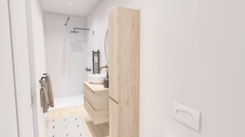Aménagement intérieur d'une maison. Salle de bain aménagée en images de synthèse et réalisation de la décoration.