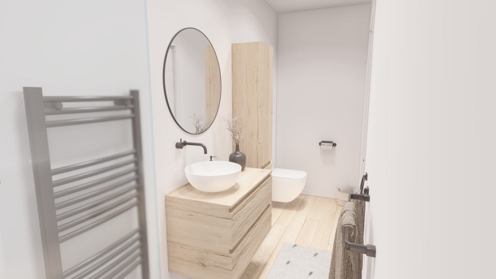 Aménagement intérieur d'une maison. Salle de bain aménagée en images de synthèse et réalisation de la décoration.
