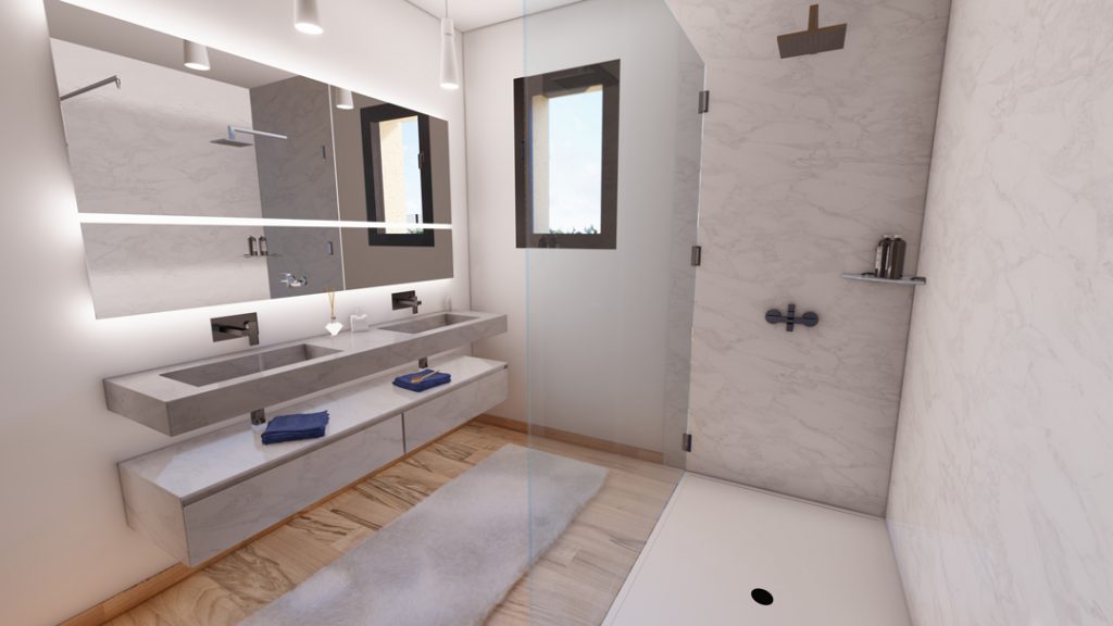 Aménagement intérieur d'une maison. Salle de bain aménagée en images de synthèse et réalisation de la décoration.