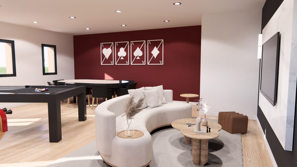 Aménagement intérieur d'une maison. Salle de jeux aménagée en images de synthèse et réalisation de la décoration.