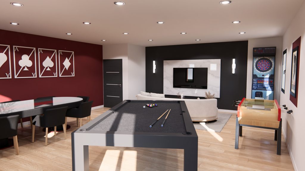 Aménagement intérieur d'une maison. Salle de jeux aménagée en images de synthèse et réalisation de la décoration.