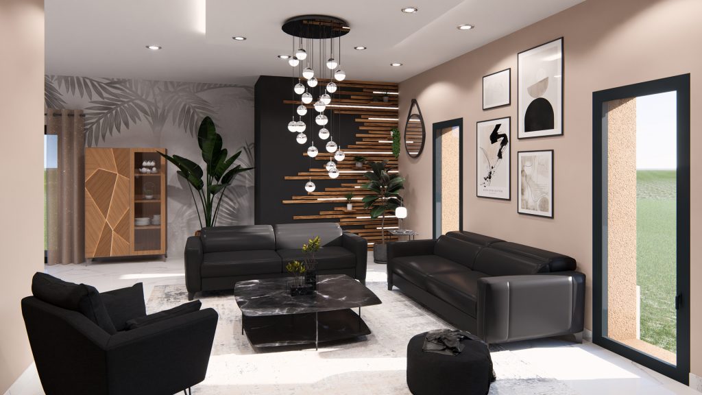 Aménagement intérieur d'une maison. Salon aménagé en images de synthèse 3D et réalisation de la décoration.