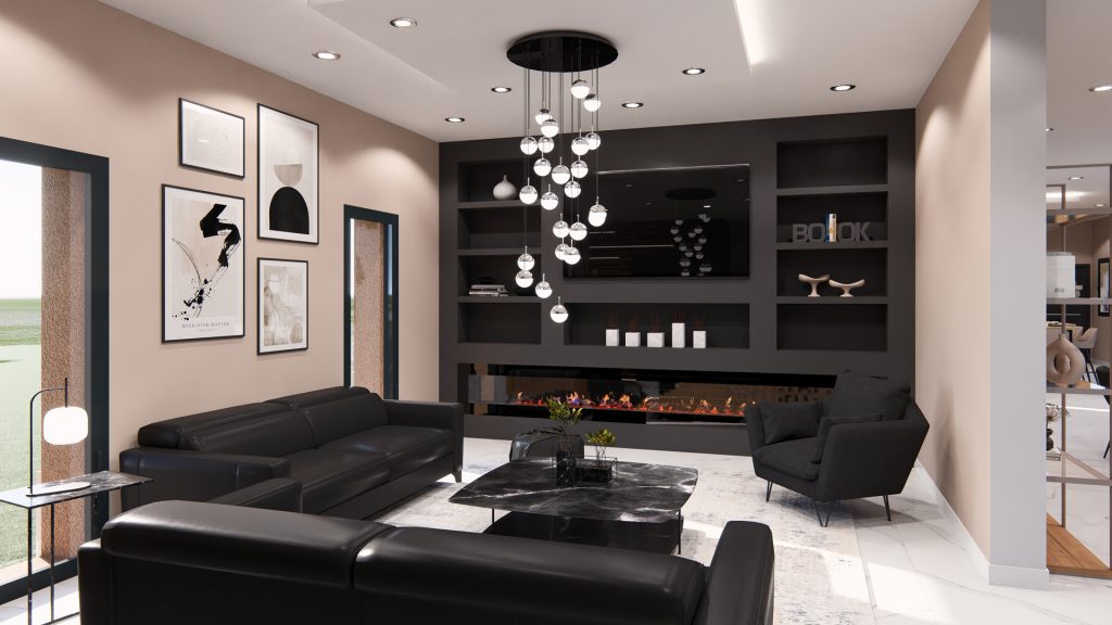 Aménagement intérieur d'une maison. Salon aménagé en images de synthèse 3D et réalisation de la décoration.