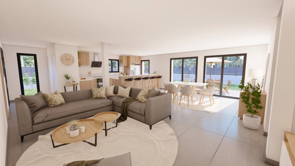 Aménagement intérieur d'une maison. Séjour aménagé en images de synthèse et réalisation de la décoration.