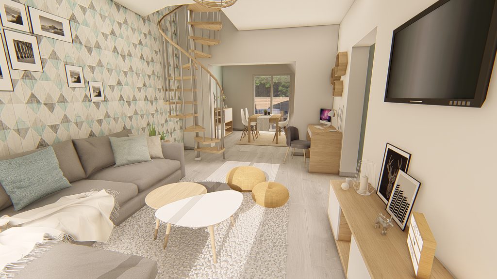 Aménagement intérieur d'une maison. Salon aménagé en images de synthèse et réalisation de la décoration.