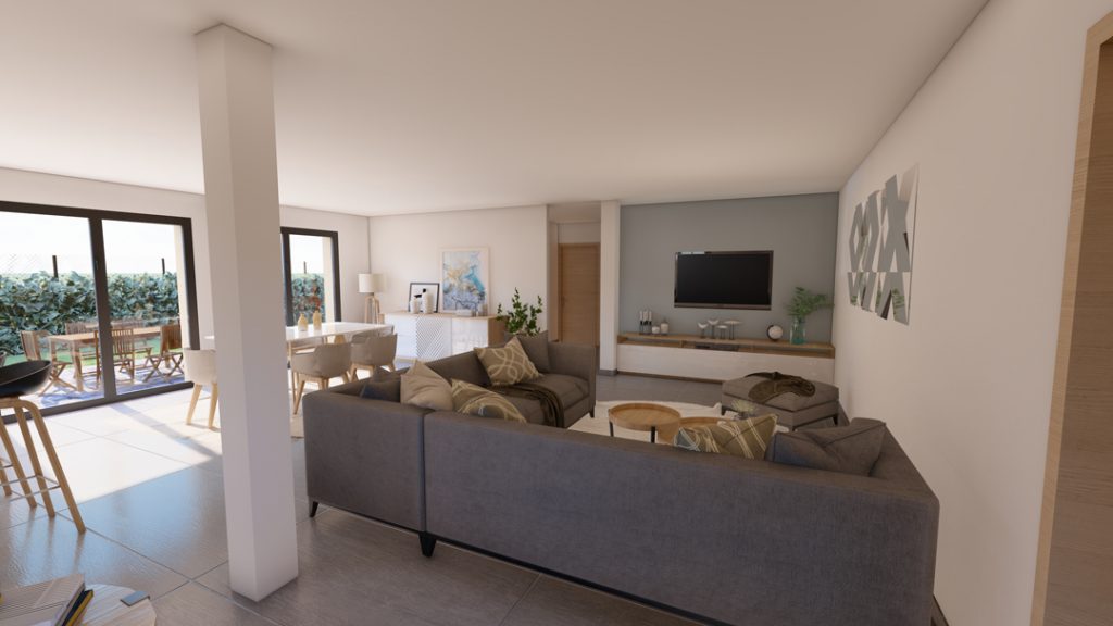 Aménagement intérieur d'une maison. Salon aménagé en images de synthèse 3D et réalisation de la décoration.