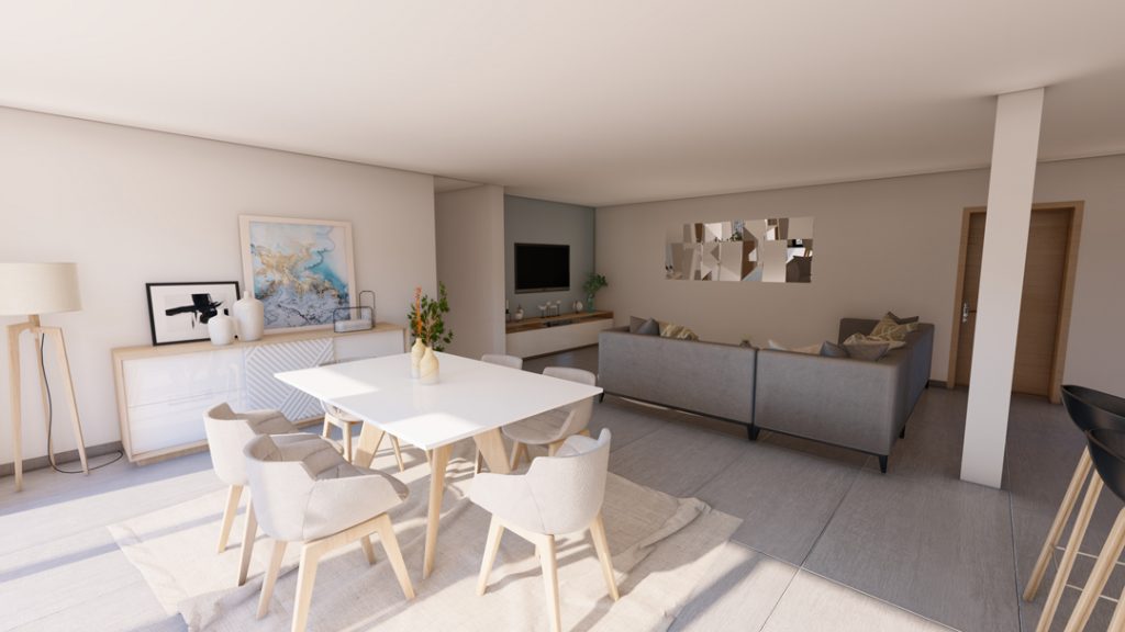 Aménagement intérieur d'une maison. Salon aménagé en images de synthèse 3D et réalisation de la décoration.