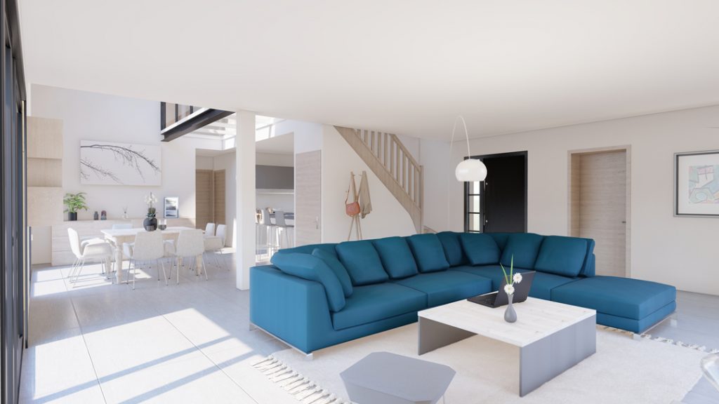 Aménagement intérieur d'une maison. Séjour aménagé en images de synthèse et réalisation de la décoration.