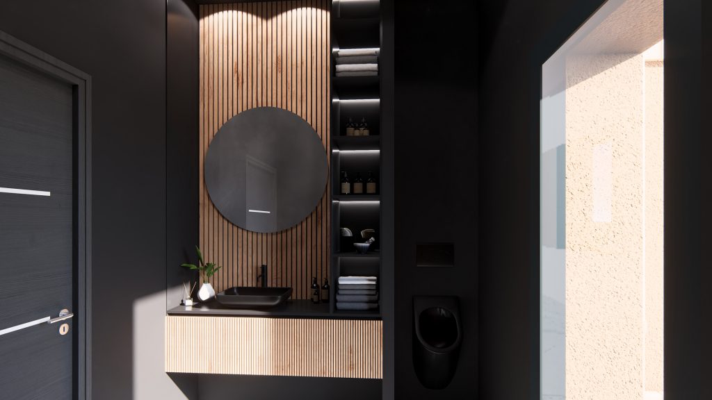 Aménagement intérieur d'une maison. Toilettes aménagées en images de synthèse et réalisation de la décoration.