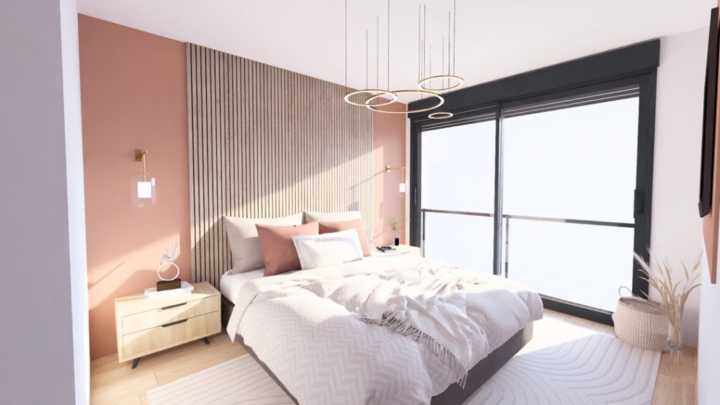 Aménagement intérieur d'une maison. Chambre aménagée en images de synthèse et réalisation de la décoration.