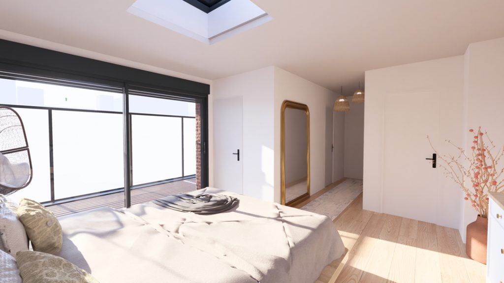 Aménagement intérieur d'une maison. Chambre parentale aménagée en images de synthèse et réalisation de la décoration.