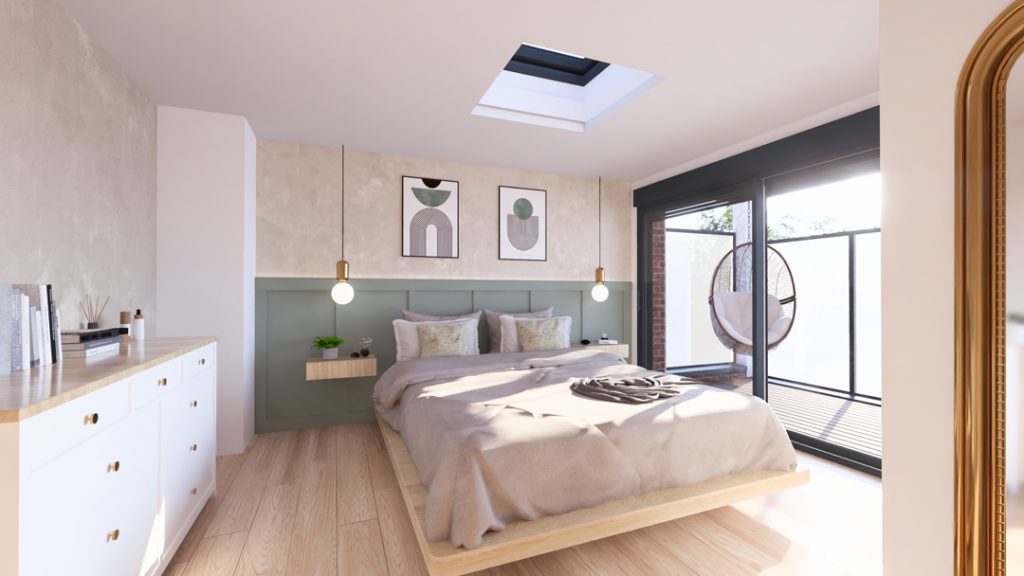 Aménagement intérieur d'une maison. Chambre parentale aménagée en images de synthèse et réalisation de la décoration.