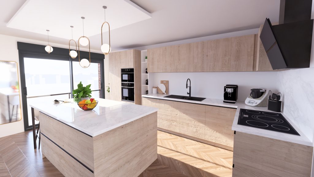 Aménagement intérieur d'une maison. Cuisine aménagé en images de synthèse et réalisation de la décoration.