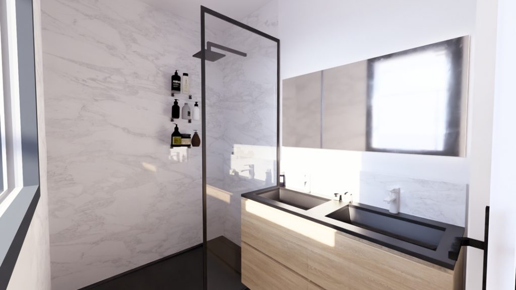 Aménagement intérieur d'une maison. Salle de bain de la chambre parentale aménagé en images de synthèse et réalisation de la décoration.