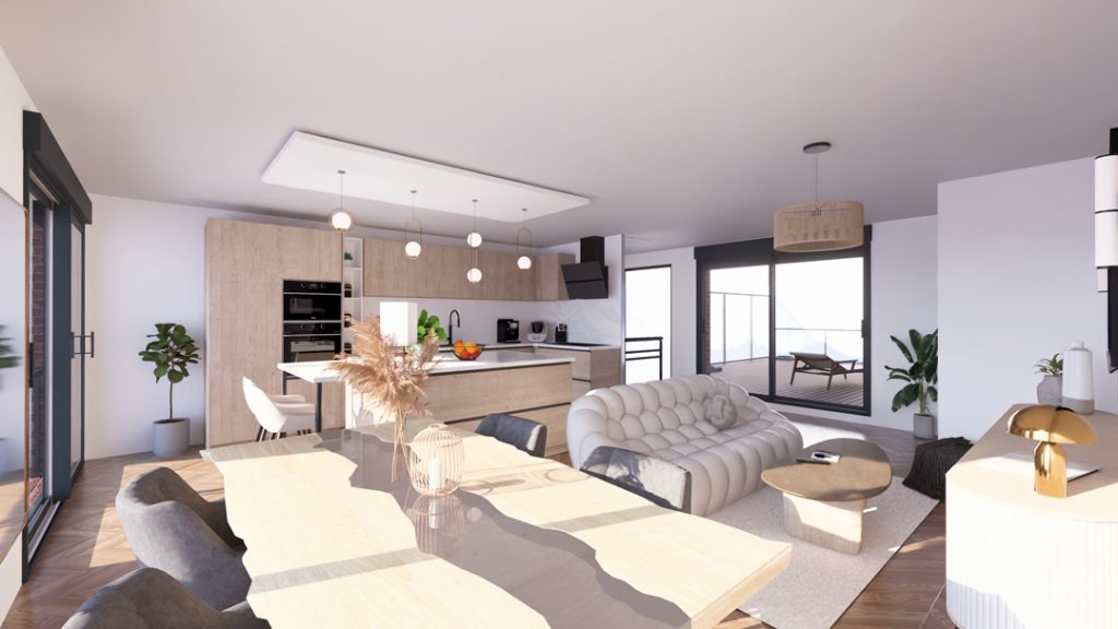 Aménagement intérieur d'une maison. Séjour aménagé en images de synthèse et réalisation de la décoration.