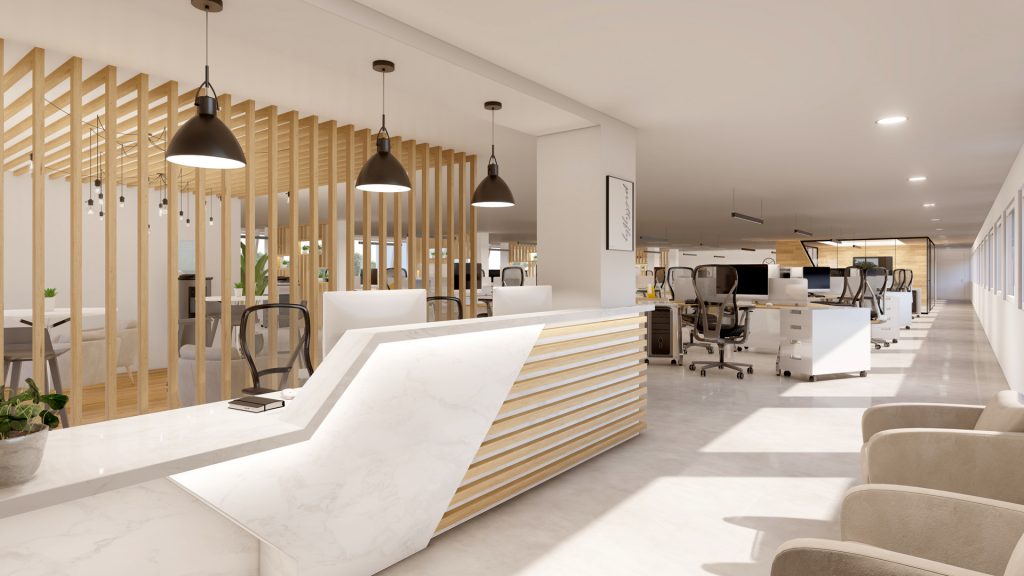 aménagement et agencement d'un espace de travail professionnel. Espace de coworking réalisé en images de synthèse.