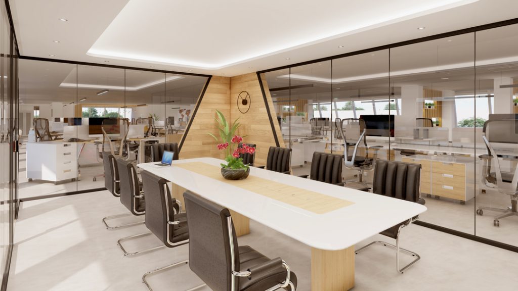 aménagement et agencement d'un espace de travail professionnel. Espace de réunion réalisé en images de synthèse.