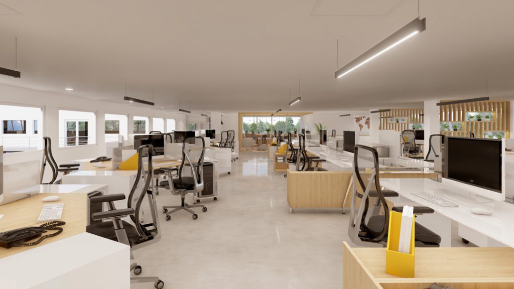 aménagement et agencement d'un espace de travail professionnel. Espace de coworking réalisé en images de synthèse.