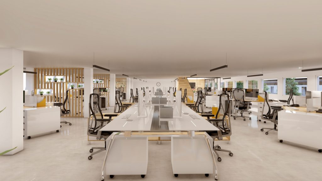 aménagement et agencement d'un espace de travail professionnel. Espace de coworking réalisé en images de synthèse.