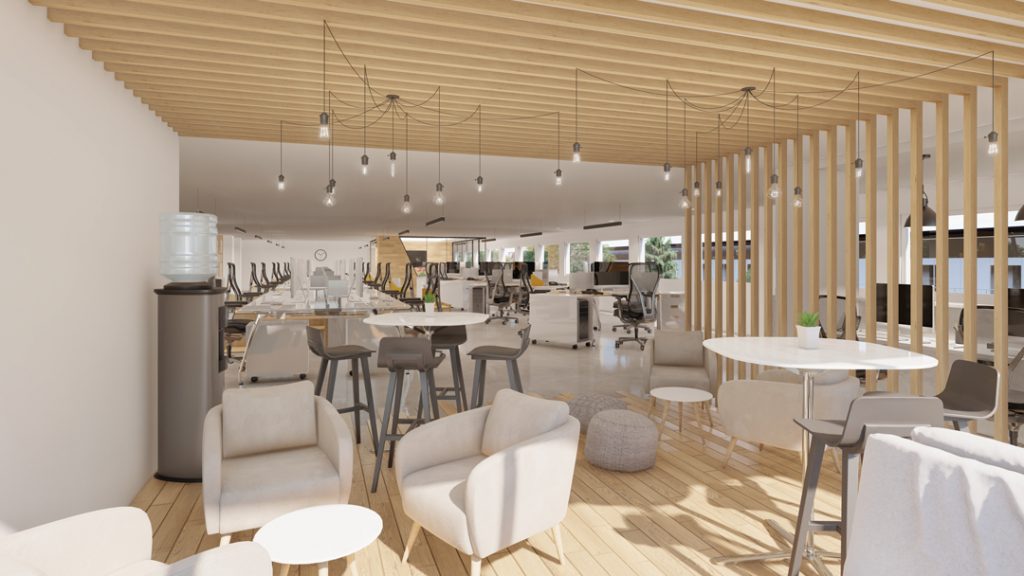 aménagement et agencement d'un espace de travail professionnel. Espace de repos réalisé en images de synthèse.