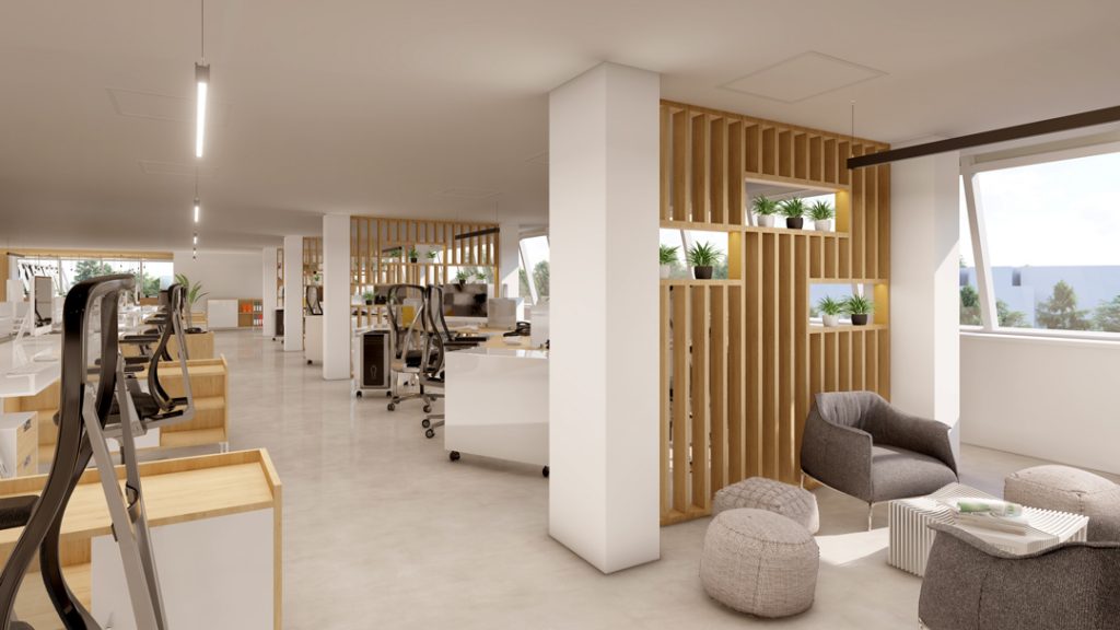 aménagement et agencement d'un espace de travail professionnel. Espace de coworking réalisé en images de synthèse.