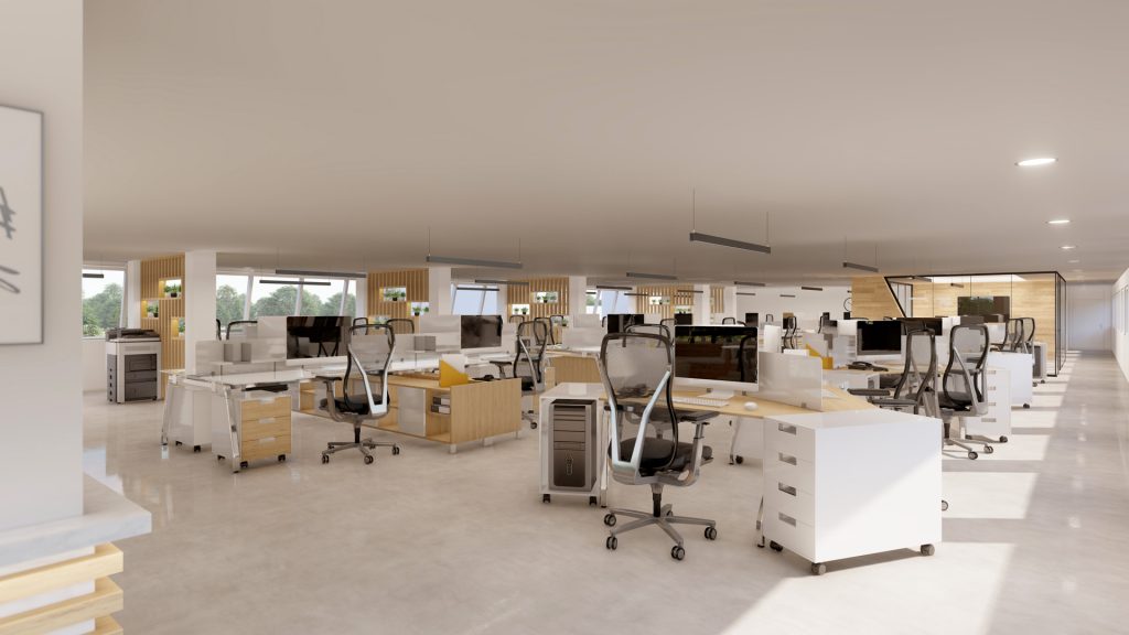 aménagement et agencement d'un espace de travail professionnel. Espace de coworking réalisé en images de synthèse.