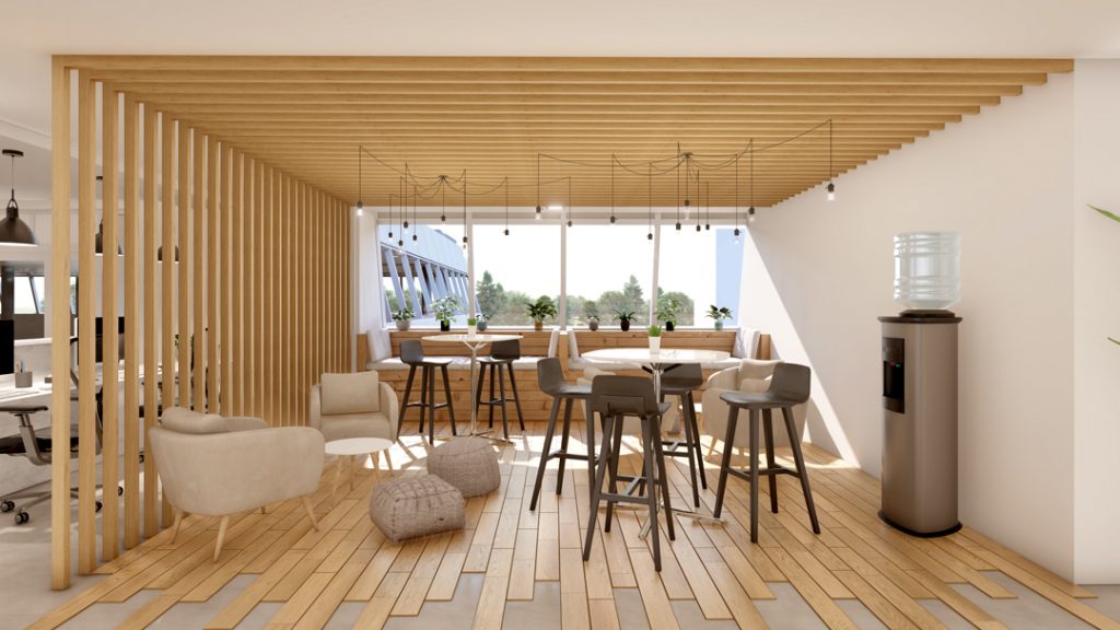 aménagement et agencement d'un espace de travail professionnel. Espace de repos réalisé en images de synthèse.
