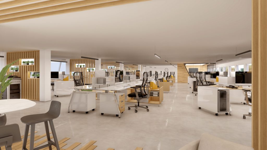 aménagement et agencement d'un espace de travail professionnel. Espace de coworking réalisé en images de synthèse.