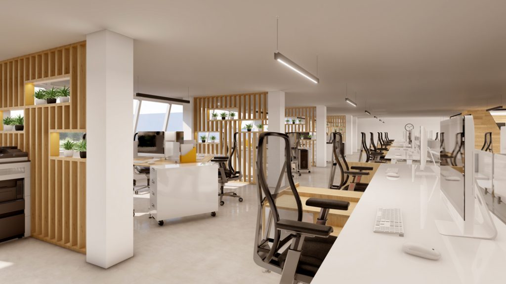 aménagement et agencement d'un espace de travail professionnel. Espace de coworking réalisé en images de synthèse.