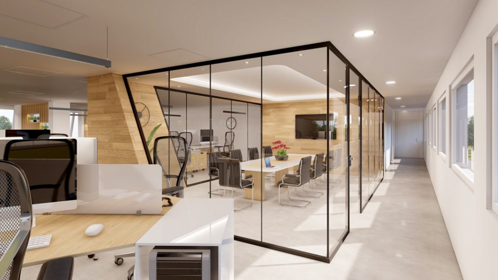 aménagement et agencement d'un espace de travail professionnel. Espace de coworking réalisé en images de synthèse.