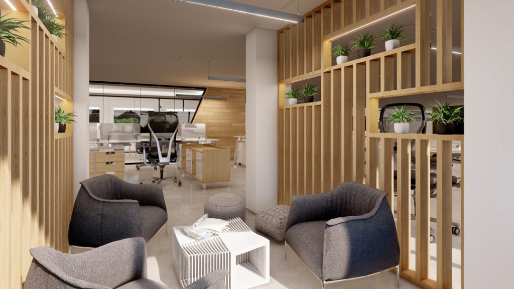 aménagement et agencement d'un espace de travail professionnel. Espace de repos réalisé en images de synthèse.