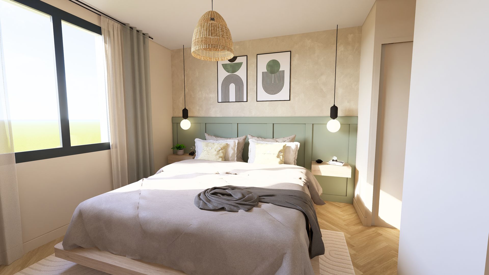 Chambre parentale aux tons clairs, tête de lit sur mesure
