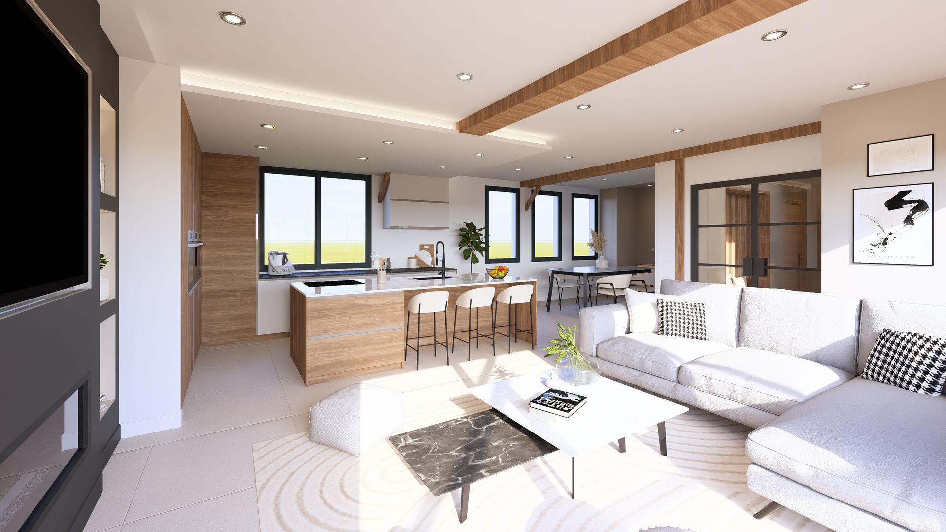 Visuel 3D du séjour d’une maison individuelle aménagée