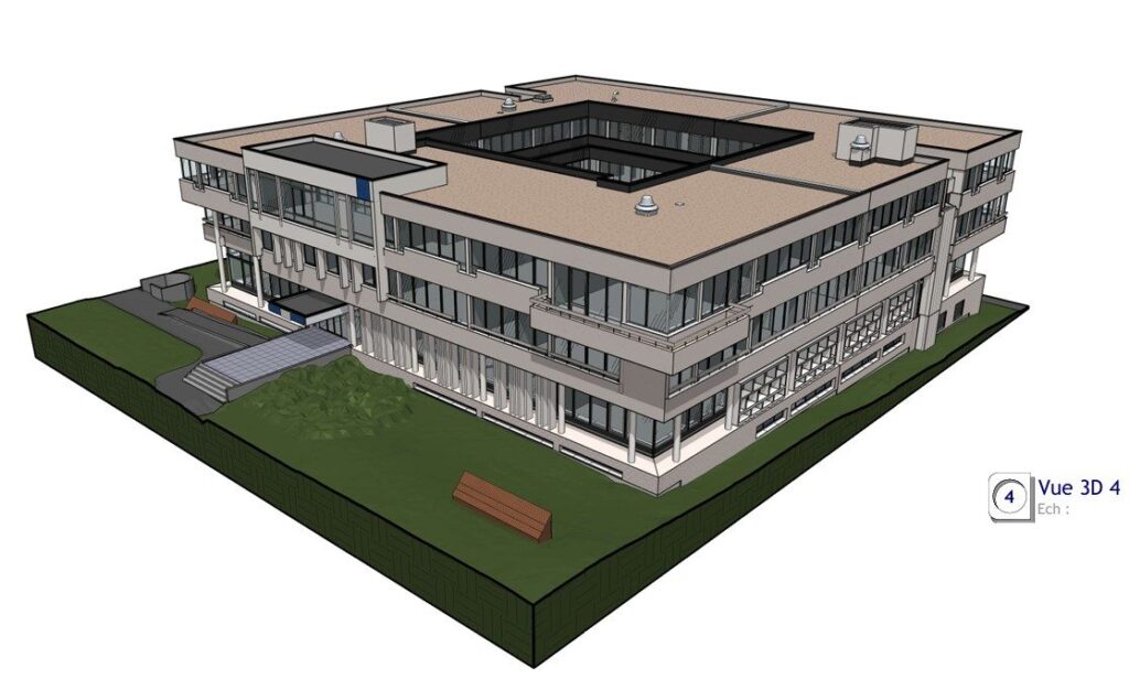 Maquette Revit du siège de la MSA à Bois-Guillaume, vue 3D